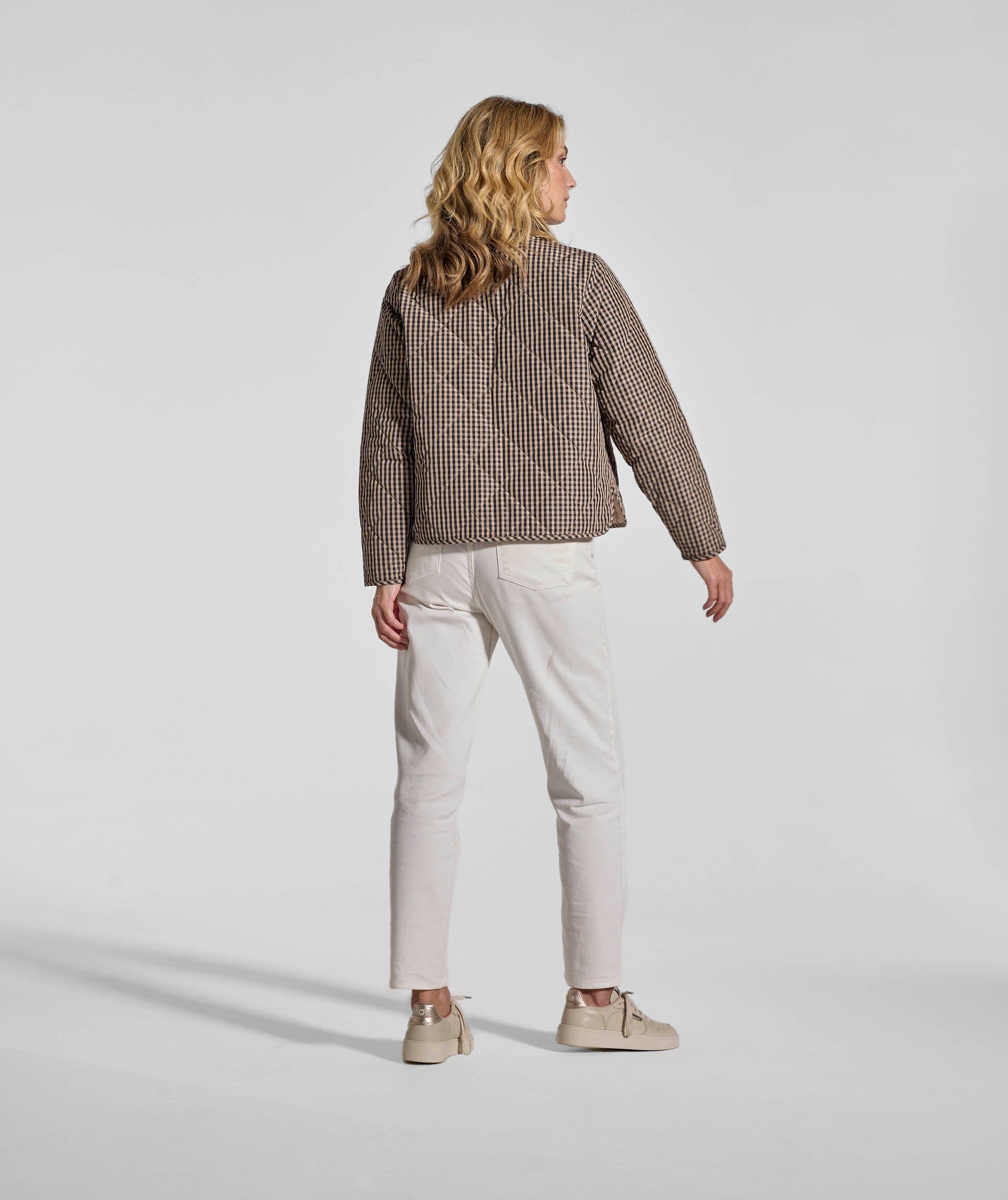 Ladies Check Quilted Jacket - Navy & Stone