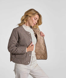 Ladies Check Quilted Jacket - Navy & Stone